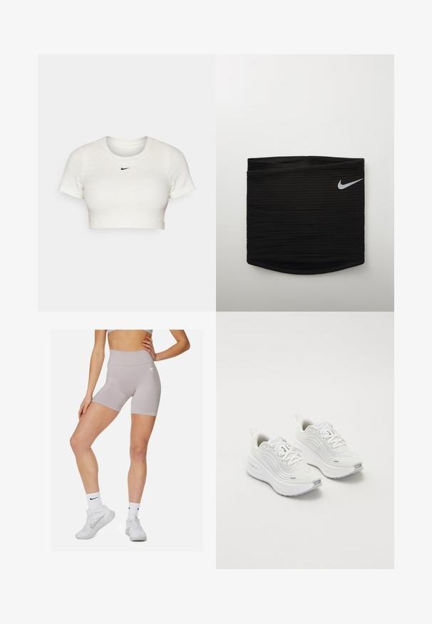 Kratka bela majica iz rebraste tkanine s kratkimi rokavi in okroglim izrezom; na prsih je majhen črni Nike logo.; Svetlo sivi kratki hlače visoke pasnice z gladko teksturo in subtilnim gradientnim vzorcem. Imajo majhen logotip na strani.; Bele športne čevlje z teksturirano mrežasto zgornjico, oblazinjeno podplatom in subtilnimi sivimi detajli. Vključujejo blagovno znamko in zanko na peti za enostavno obuvanje.; Črn športni pas z rebrasto teksturo, z majhnim belim Nike logotipom na desni strani. Gladek, prilegajoč se dizajn.