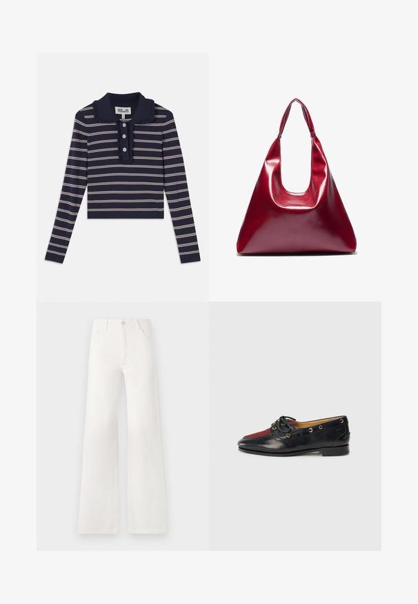 Tumedast pikkade varrukatega särk roosa horisontaalsete triipudega, volangkaelus ja ees kolmes nupuga lukuga; valmistatud pehmest ja venivast materjalist.; Valged, kõrge vöökohaga laiad teksad, mis on valmistatud denimist. Omab nupuga sulgemist, kahte esimest taskut ja külgede õmbluste detailseid õmblusi.; Must musta paadikets, millel on punane sametist varvas, kuldsed silmad ja dekoratiivne pael. Sile tekstuur madala plokkninaga.; Punane läikiv nahast käekott kolmnurga kujuga, laia ülemise avaga ja ühe kõveriku käsitsemisega. Sile tekstuur, minimale stitching detailidega.