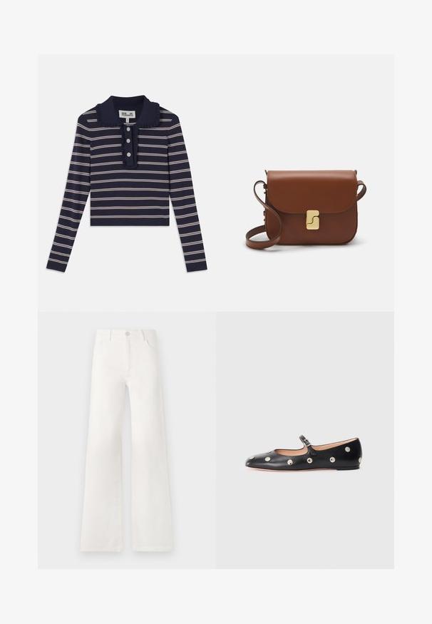 Jūras spēku garām piedurknēm krekls ar rozā horizontālām svītrām, ruffled apkakli un triju pogu aizdari priekšā; izgatavots no mīksta, elastīga materiāla.; Baltas, augsto jostasvietu platās kājas džinsi, izgatavoti no denima. Iekļauj pogu aizdari, divas priekšējās kabatas un sānu šuves ar šuvju detaļām.; Melna ādas Mary Jane līdzena zābaku ar noapaļotu purngalu, kurā ir sudraba apaļie kniedes un regulējama siksniņa ar sprādzi.; Bordo ādas rokas soma ar atloku, zeltītām detaļām, plecu siksnu un gludu virsmu. Kompakta, taisnstūrveida forma.