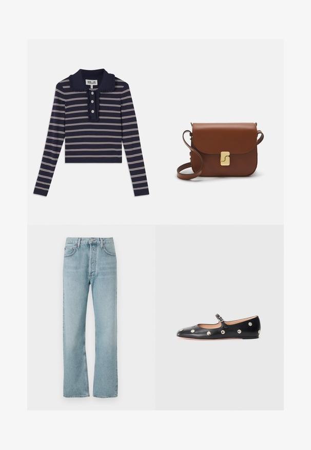 Navy long-sleeve shirt with pink horizontal stripes, ruffled collar, and three-button placket at the front; made from a soft, stretchy material.; Light blue denim jeans with a high waist, straight leg design, and subtle fading. Features classic metal button and five-pocket style.; Black leather Mary Jane flat shoe with a rounded toe, featuring silver circular studs and an adjustable strap with a buckle.; Brown leather handbag with a flap closure, gold-tone hardware, a shoulder strap, and a smooth texture. Compact rectangular shape.