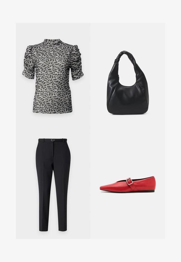 Majica s kratkim rukavima od sive tkanine s crnim uzorkom lišća. Ima visoki ovratnik i nabranim rukavima, stvarajući teksturirani dizajn.; Crne krojene hlače slim kroja s pojasom za remen i jednim metalnim detaljem sprijeda. Glatka tekstura tkanine.; Crvene kožne ravne cipele sa špicastim vrhom, koje imaju bočnu traku s metalnom kopčom i nizak crni potplat. Glatka tekstura kroz cijelu cipelu.; Crna torba hobo napravljena od glatkog materijala nalik koži s uvrnutom drškama, s mekim, zaobljenim oblikom i zatvaranjem na vrhu sa patentnim zatvaračem.; Srebrne okrugle naušnice s minimalističkim dizajnom. Kružni oblik, glatka tekstura i tanak profil. Lagane s poliranim završetkom.
