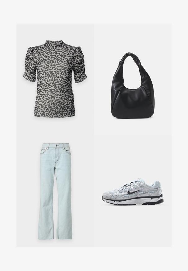 Krótki rękaw w szarym materiale z czarnym wzorem liści. Posiada wysoki dekolt i marszczone rękawy, tworząc teksturowany wzór.; Jasnoniebieskie dżinsy z dzwonowatym krojem, zapięcie na guziki, pięć kieszeni oraz delikatne wyblaknięcia na materiale. Czyste, minimalistyczne akcenty w przeszyciach.; Nike P-6000 sneakers z jasnoszarym siateczkowym wierzchem, czarnymi akcentami i trwałą czarną gumową podeszwą. Charakteryzują się skomplikowanym wzornictwem i systemem sznurowania.; Czarna torba hobo wykonana z gładkiego, skóropodobnego materiału z twisted uchwytem, o miękkim, zaokrąglonym kształcie i górnym zapięciem na zamek.