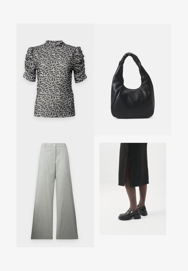 Krótki rękaw w szarym materiale z czarnym wzorem liści. Posiada wysoki dekolt i marszczone rękawy, tworząc teksturowany wzór.; Jasnoszare spodnie o szerokich nogawkach z teksturowanej tkaniny, z zamknięciem na guzik z przodu i gładkim, płaskim pasem. Brak widocznych wzorów lub akcentów.; Czarne skórzane buty z okrągłym noskiem, grubym blokowym obcasem i elastycznymi akcentami po bokach, zestawione z ciemnymi rajstopami i czarną spódnicą z rozcięciem.; Czarna torba hobo wykonana z gładkiego, skóropodobnego materiału z twisted uchwytem, o miękkim, zaokrąglonym kształcie i górnym zapięciem na zamek.; Srebrne kolczyki w formie obręczy o minimalistycznym designie. Okrągły kształt, gładka faktura i cienki profil. Lekkie, z polerowanym wykończeniem.