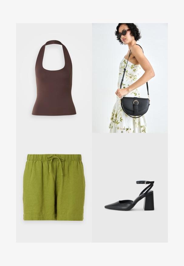 Haut halter sans manches marron avec encolure dégagée. Fabriqué en tissu lisse et extensible, il présente une silhouette ajustée et aucune fermeture visible.; Shorts en lin verts avec une taille élastique et un cordon de serrage ajustable, présentant une coupe décontractée et un ourlet droit.; Escarpin noir en cuir à bout pointu avec une bride de cheville et un talon épais. Texture lisse, design élégant et esthétique minimaliste.; Sac à main en cuir noir avec une forme courbée, bandoulière amovible et des accessoires en or. Le sac est doté d'un rabat avec un détail de boucle.