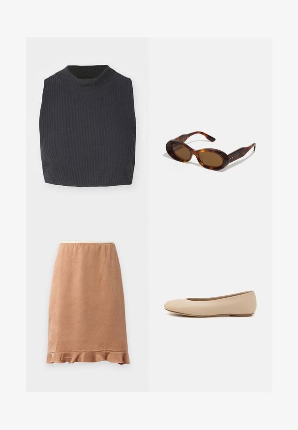 Tumšzila džemperis ar ribām, piedāvā augstu kakla līniju un nelielu Nike logo. Audumam ir teksturēta, stiepjas izskats.; Brūna teksturēta svārku ar volānu apakšmalu, kas izgatavota no mīksta auduma, kas viegli krīt, radīta ar elastīgu jostu komfortam.; Bežs ādas deju zābaciņš ar noapaļu purngalu, minimālu šuvju detaļām, zemu papēdi un diskrētu logotipu aizmugurē. Gluda, matēta tekstūra.; Tortoise krēmu saulesbrilles ar ovālām lēcām, brūnu toni un zelta akcentiem uz kājiņām. Biezas rāmju formas ar spīdīgu apdari un vienmērīgu tekstūru.