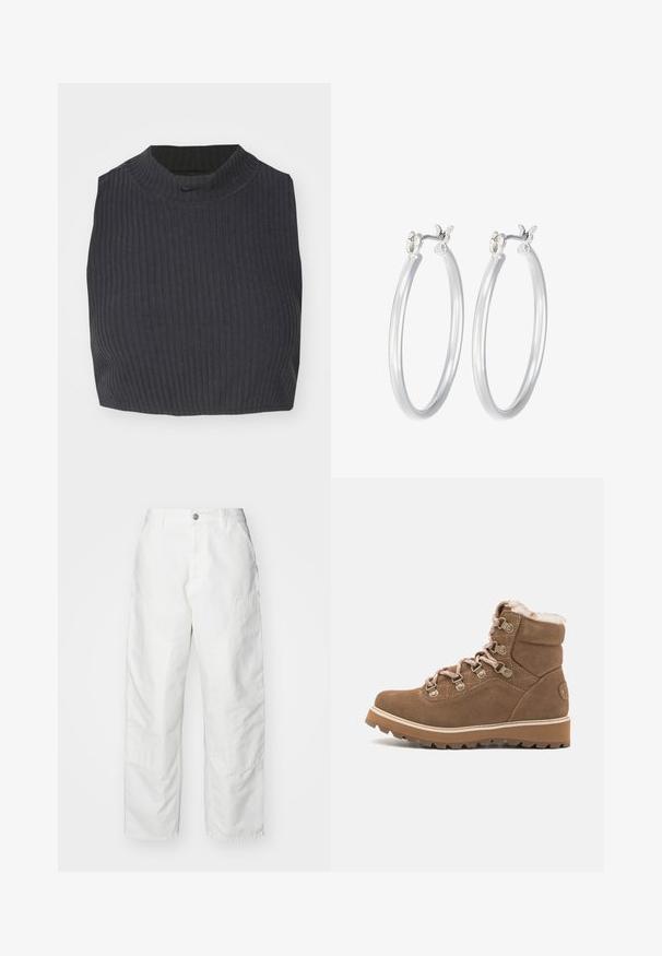 Odrezan rebrast top v temno modri barvi, z visokim ovratnikom in subtilnim logotipom Nike. Tkanina ima teksturiran in elastičen videz.; Beli cargo hlače iz denima, ki imajo sproščen kroj, stranske žepke in vidne šive. Enostavna sprednja stran z gumbom za zapiranje.; Rjave antilopne gležnjarje z umetnim krznom, kovinskimi odprtinami in debelim gumijastim podplatom z teksturiranim vzorcem.; Srebrni obroči za ušesa z gladko, polirano površino. Okrogla oblika in varna zaponka s klikom. Lahka zasnova, primerna za vsakodnevno nošenje.