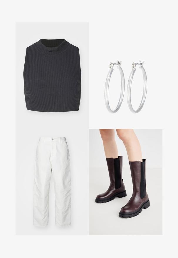 Atskirta juostuota palaidinė tamsiai mėlynos spalvos, su aukšta apykakle ir subtiliu Nike logotipu. Medžiaga turi tekstūruotą, elastingą išvaizdą.; Balti džinsiniai cargo kelnės, turinčios laisvą siluetą, šonines kišenes ir matomus siuvimo detales. Paprastas priekinis dizainas su mygtuko uždarymu.; ONLY SHOES ONLDOJA - Batai su platforma - brown; Sidabriniai auskarai su sklandžiu, poliruotu paviršiumi. Apvalios formos ir saugus uždarymo mechanizmas. Lengvas dizainas, tinkantis kasdieniam dėvėjimui.