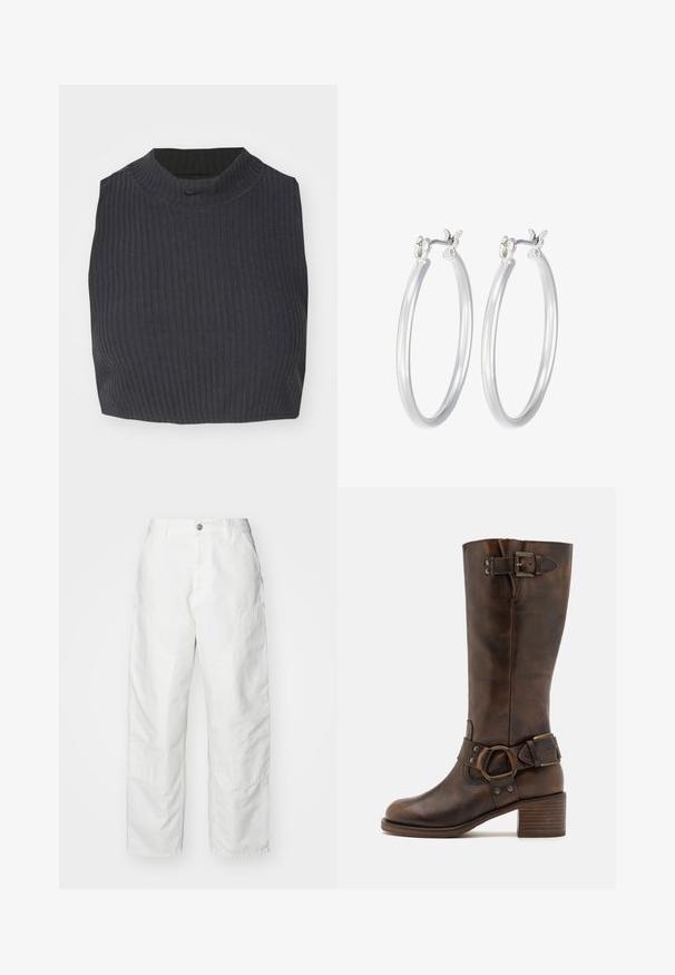 Avklippt ribbad topp i mörk marinblå, med hög halsringning och en subtil Nike-logotyp. Tyget har en texturerad, elastisk yta.; Vita cargobyxor i denim, med en avslappnad passform, sidofickor och synliga sömnadsdetaljer. En enkel framsida med knappstängning.; Bruna läderknähöga stövlar med rund tå, en kraftig klack och en sidobälte-detalj. Slät textur med en slitna finish.; Silverfärgade hoopörhängen med en slät, polerad yta. Rund form och säker klickstängning. Lättviktig design som passar för vardagligt bruk.