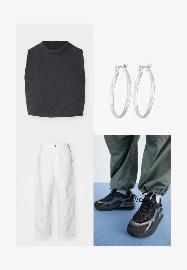 Atskirta juostuota palaidinė tamsiai mėlynos spalvos, su aukšta apykakle ir subtiliu Nike logotipu. Medžiaga turi tekstūruotą, elastingą išvaizdą.; Balti džinsiniai cargo kelnės, turinčios laisvą siluetą, šonines kišenes ir matomus siuvimo detales. Paprastas priekinis dizainas su mygtuko uždarymu.; Nike Sportswear AIR MAX FURYOSA SE - Sportbačiai - black/metallic dark grey/anthracite; Sidabriniai auskarai su sklandžiu, poliruotu paviršiumi. Apvalios formos ir saugus uždarymo mechanizmas. Lengvas dizainas, tinkantis kasdieniam dėvėjimui.