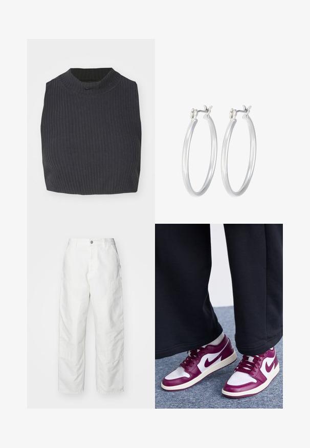 Zkrácený žebrovaný top v tmavě námořnické modři, s vysokým výstřihem a subtilním logem Nike. Materiál má texturovaný, elastický vzhled.; Bílé cargo kalhoty vyrobené z denimu, s volným střihem, bočními kapsami a viditelnými švy. Hladký přední díl s knoflíkovým zapínáním.; Jordan AIR JORDAN 1 - Tenisky - white/bordeaux/sail; Stříbrné kruhové náušnice s hladkým, lesklým povrchem. Kulatý tvar a bezpečné zapínání na klip. Lehký design vhodný pro každodenní nošení.