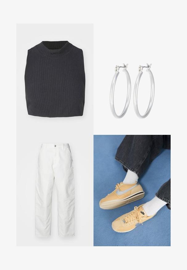 Tumesama ribaga tipp tumesinis sinises, millel on kõrge kaelus ja diskreetne Nike logo. Kangas on tekstuuriga ja veniv.; Valged teksapüksid, millel on lõdvema lõikega, küljetaskud ja silmapaistvad õmblused. Ees on ühtlane, nööbiga sulgemine.; Kollane nahast tossud hõbedase Swooshi logoga ja valgete paelatega. Kummist tallal on tekstuuriga haardepind. Sobitunud valgete sokkide ja tumedate teksadega.; Hõbedased rõngaskõrvarõngad, millel on sile, läikiv viimistlus. Ümmargune kuju ja turvaline klõpsulatus. Kerge disain, sobib igapäevaseks kandmiseks.