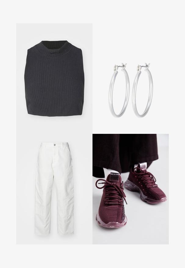 Afkortet ribbet top i mørk navy, med høj halsudskæring og et subtilt Nike-logo. Stoffet har en struktureret, strækbar overflade.; Hvide cargo-bukser lavet af denim, med en afslappet pasform, sidelommer og synlige syninger. Ensfarvet front med knaplukning.; Burgunderfarvede sportssko med mesh-overdel, struktureret detaljering, runde snørebånd og klar gummisål; har et logo på tungen og hælen.; Sølv hoop øreringe med en glat, poleret overflade. Rund form og sikker klik-lukning. Letvægtsdesign, der er velegnet til hverdagsbrug.