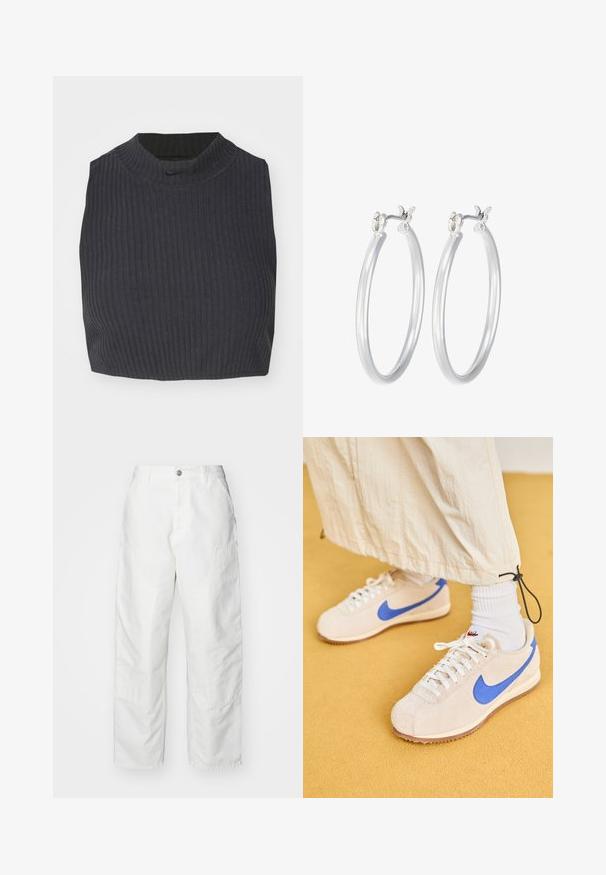 Atskirta juostuota palaidinė tamsiai mėlynos spalvos, su aukšta apykakle ir subtiliu Nike logotipu. Medžiaga turi tekstūruotą, elastingą išvaizdą.; Balti džinsiniai cargo kelnės, turinčios laisvą siluetą, šonines kišenes ir matomus siuvimo detales. Paprastas priekinis dizainas su mygtuko uždarymu.; Nike Sportswear CORTEZ VINTAGE SUEDE - Sportbačiai - sanddrift/game royal/muslin/med brown/white; Sidabriniai auskarai su sklandžiu, poliruotu paviršiumi. Apvalios formos ir saugus uždarymo mechanizmas. Lengvas dizainas, tinkantis kasdieniam dėvėjimui.