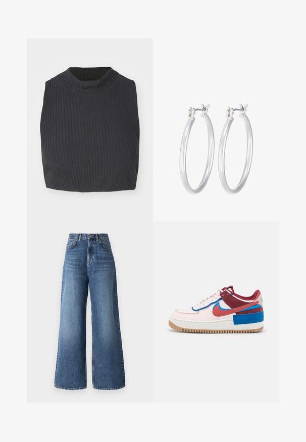 Tumesama ribaga tipp tumesinis sinises, millel on kõrge kaelus ja diskreetne Nike logo. Kangas on tekstuuriga ja veniv.; Heledeltased laiad teksad, mis on valmistatud helesinisest denimist, klassikalise viie taskuga disaini ja jalgadel peene kulumisefektiga.; Nike Sportswear AF1 SHADOW - Tossud - light soft pink/canyon rust/fossil stone/team red/photo blue/blue jay; Hõbedased rõngaskõrvarõngad, millel on sile, läikiv viimistlus. Ümmargune kuju ja turvaline klõpsulatus. Kerge disain, sobib igapäevaseks kandmiseks.