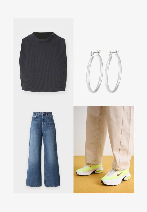 Avklippt ribbad topp i mörk marinblå, med hög halsringning och en subtil Nike-logotyp. Tyget har en texturerad, elastisk yta.; Höga vida jeans i ljusblå denim, med en klassisk femfickedesign och subtila blekningar längs benen.; Nike Sportswear AIR MAX PORTAL - Sneakers - summit white/bright crimson/white/volt/black; Silverfärgade hoopörhängen med en slät, polerad yta. Rund form och säker klickstängning. Lättviktig design som passar för vardagligt bruk.