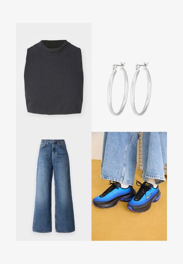 Lyhyttyynyt ribbipaita tummansinisenä, jossa on korkea kaula-aukko ja hienovarainen Nike-logon. Kankaan pinta on tekstuuri ja joustava.; Farkut korkealla vyötäröllä ja leveillä lahkeilla, valmistettu vaaleansinisestä denimistä, mukana klassinen viisi-taskumalli ja hienovarainen haalistuminen lahkeissa.; Nike tennarit sinisessä gradienttiväissä, mustilla yksityiskohdilla ja oranssilla logolla. Pyöristetty muoto, tekstuurikangas ja paksu pohja.; Hope-silver rengas, joissa on sileä ja kiillotettu pinta. Pyöreä muoto ja turvallinen napsautettava lukitus. Kevyt muotoilu sopii päivittäiseen käyttöön.