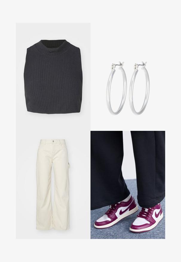 Izrezani rebrasti top u tamnoplavoj boji, s visokom izrezom i suptilnim Nike logom. Tkanina ima teksturiran i rastezljiv izgled.; Hlače širokih nogavica od svijetlosmeđeg materijala, s visokim strukom, prednjim džepovima i bočnim detaljem u obliku petlje radi veće funkcionalnosti.; Jordan AIR JORDAN 1 - Tenisice - white/bordeaux/sail; Srebrne kružne naušnice s glatkom, poliranom površinom. Okrugli oblik i sigurno kopčanje na klik. Lagani dizajn pogodan za svakodnevno nošenje.