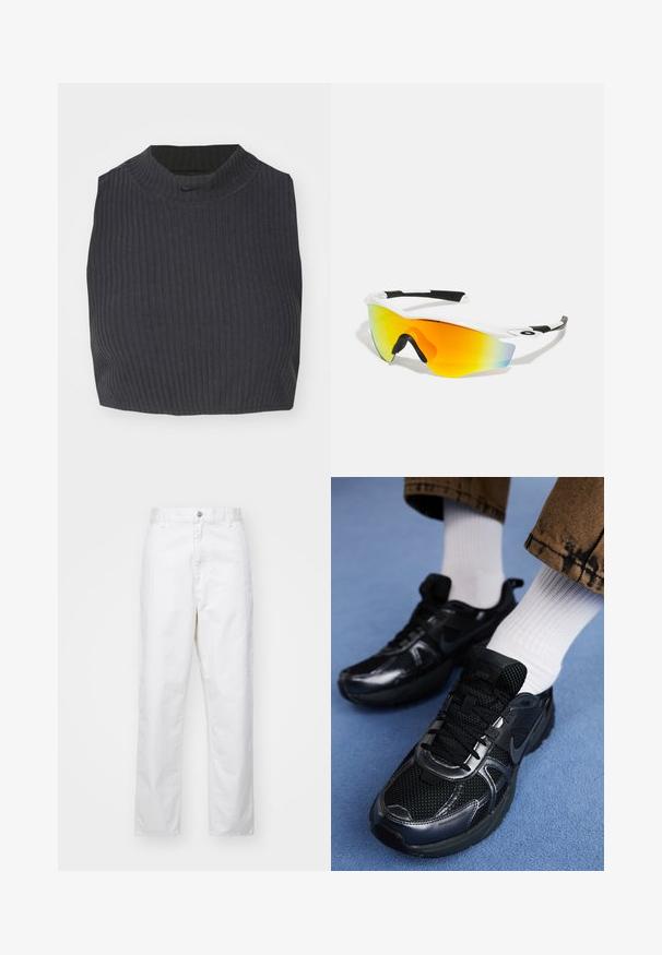 Top court en côtes de couleur bleu marine foncé, avec un col montant et un logo Nike discret. Le tissu a une apparence texturée et extensible.; Pantalon en coton blanc avec une coupe droite, présentant une fermeture à bouton à l'avant, des passants de ceinture et des poches latérales. Texture lisse, sans motifs.; Des chaussures de sport noires Nike présentent une tige en maille avec des accents brillants, des lacets noirs et une semelle texturée. Associées à des chaussettes blanches côtelées.; Lunettes de sport blanches avec un design incurvé, des accents en caoutchouc noir et une lentille miroir orange-jaune qui se transforme en bleu.
