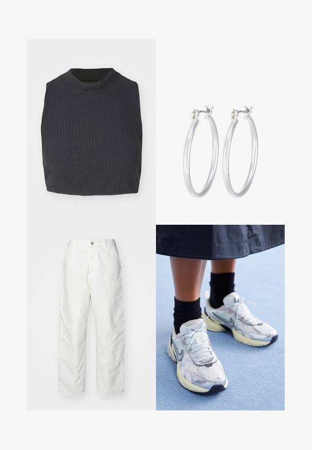 Cropped ribbed top in dark navy, featuring a high neckline and a subtle Nike logo. The fabric has a textured, stretchy appearance.; White cargo pants made of denim, featuring a relaxed fit, side pockets, and visible stitching details. Plain front with a button closure.; White and silver Nike sneakers with mesh fabric, reflective accents, and a beige sole. Worn with black socks, standing on a blue surface.; Silver hoop earrings with a smooth, polished finish. Round shape and secure click-top closure. Lightweight design suitable for everyday wear.