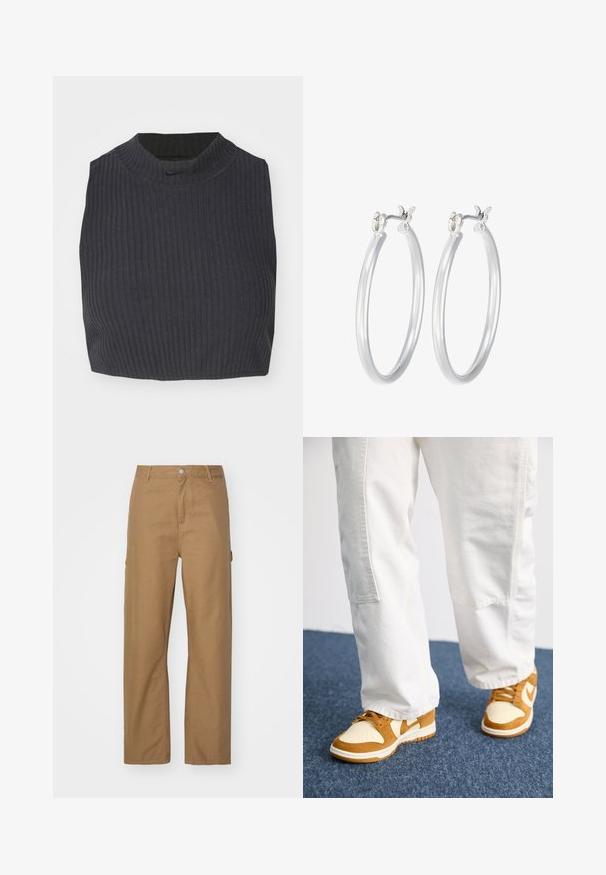 Gekürztes, geripptes Oberteil in Dunkelblau mit hohem Kragen und dezentem Nike-Logo. Der Stoff hat ein strukturiertes, elastisches Erscheinungsbild.; Beige, gerade geschnittene Hose aus Baumwollmischgewebe. Verfügt über einen Knopfverschluss vorne und zwei Seitentaschen; glatte, matte Textur.; Braune und cremefarbene Sneaker aus Wildleder und Leder, mit perforierter Zehenpartie, Schnürsenkeln und weißen Sohlen. Getragen mit weißen Hosen.; Silberne Creolen mit einer glatten, polierten Oberfläche. Runder Form und sicherem Klickverschluss. Leichtes Design, geeignet für den täglichen Gebrauch.