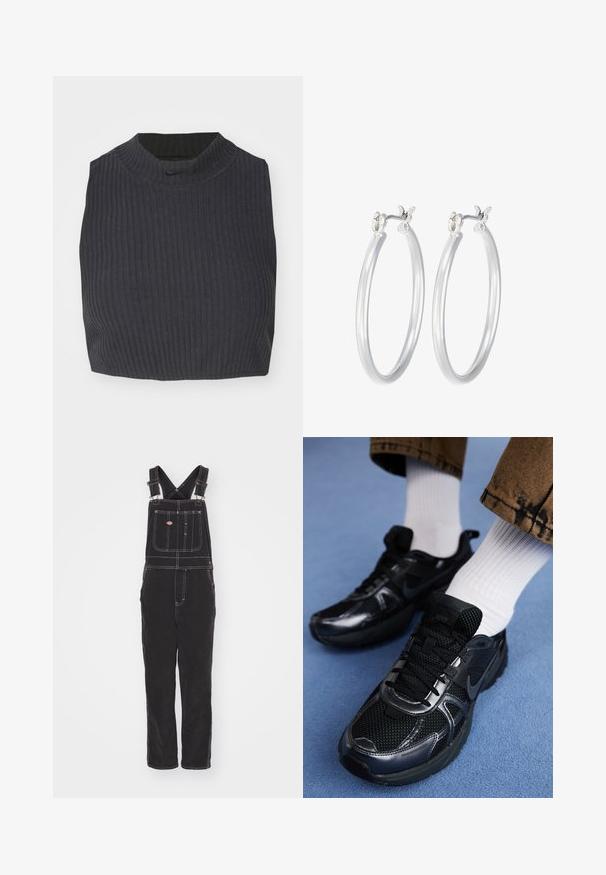 Top corto de canalé en azul marino oscuro, con un cuello alto y un sutil logo de Nike. La tela tiene una apariencia texturizada y elástica.; Pantalones de algodón negros con tirantes cruzados, bolsillo frontal y acentos de costura blanca. Diseño de pierna recta con un ajuste relajado.; Zapatos deportivos Nike de color negro con parte superior de malla y acentos brillantes, cordones negros y suela texturizada. Combinados con calcetines blancos de canalé.; Pendientes de aro de plata con un acabado liso y pulido. Forma redonda y cierre de click seguro. Diseño ligero adecuado para el uso diario.