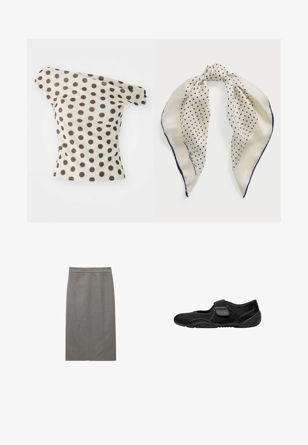 Olkapäältä avattu beige puuvillapaita, jossa on suuria ruskeita pisaroita. Paidassa on istuva muotoilu ja käännetyt hihat.; Harmaa kynähame, jossa on suora siluetti, muotoillut saumat ja sileä pinta. Suunnittelussa on korkea vyötärö, joka tarjoaa tukevan istuvuuden.; Musta kenkä, jossa on kangaspinta ja verkkopaneelit, varustettuna tarranauhalla. Pohjassa on teksturoitu kuvio, joka tarjoaa pitoa.; Silkkihuivi, jossa on kerma-tausta navy-pilkuilla, solmittu keskeltä; navy-reunus; sisältää tekstin "Lauren Ralph Lauren."; Vihreä tekonahkainen olkalaukku, jossa on kaareva muoto, säädettävä hihna ja sileä pinta. Mukana ylhäältä avautuva aukko ja vähäiset ompeluyksityiskohdat.