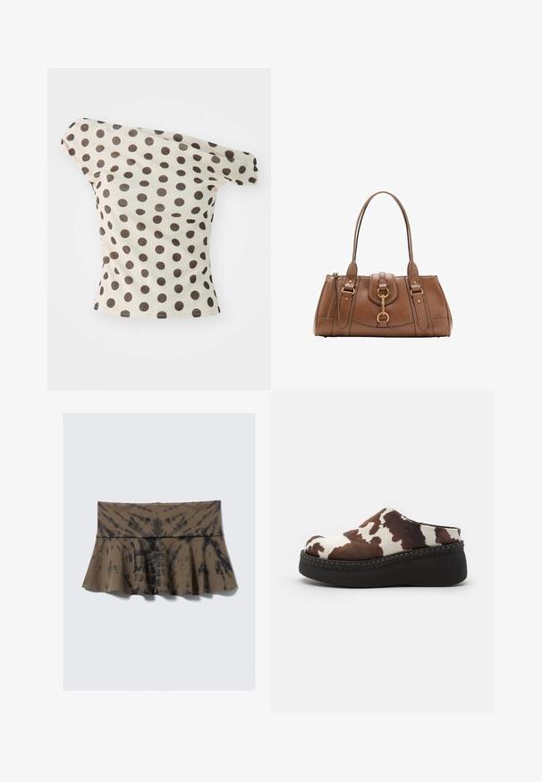 Off-the-shoulder top i beige bomuld med store brune prikker, der har en tætsiddende silhuet og oprevne ærmer.; Brun tie-dye flared nederdel med en tæt talje, prydet med sorte accenter i et spiralmønster. Lavet af blødt strækbart materiale.; Brune og hvide ko-print platform-træsko med en blød overdel, rund tå og en holdbar sort gummisål. Sømløs detaljering ved bunden.; Brun læderhåndtaske med dobbelte håndtag, guldfarvede hardwaredetaljer og struktureret design. Har en central klap med en løkke detalje.