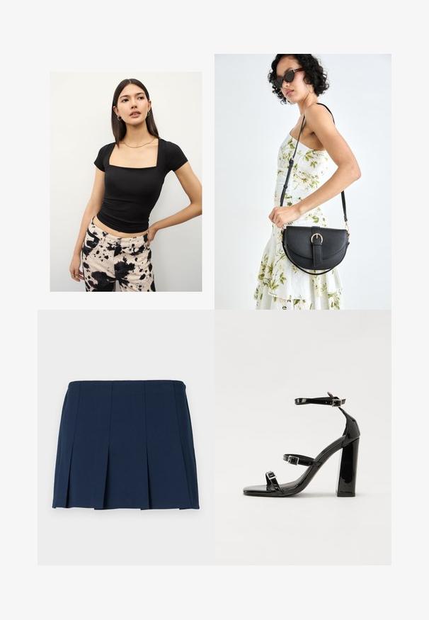 Schwarzes, figurbetontes Oberteil mit kurzen Ärmeln und eckigem Ausschnitt, kombiniert mit hoch taillierten Jeans mit schwarz-cremefarbenem Batikmuster.; Marineblauer, gefalteter Minirock mit geradem Bund, aus glattem Stoff. Verfügt über vertikale Nähte entlang der Falten.; Schwarze patentierte Sandalen mit Absatz, quadratischer Spitze, Knöchelriemen und silbernen Schnallen. Mit einem stabilen Blockabsatz für mehr Stabilität.; Schwarze Lederhandtasche mit geschwungener Form, abnehmbarem Tragegurt und goldenen Beschlägen. Die Tasche verfügt über einen Deckel mit einer Schnallen-Details.