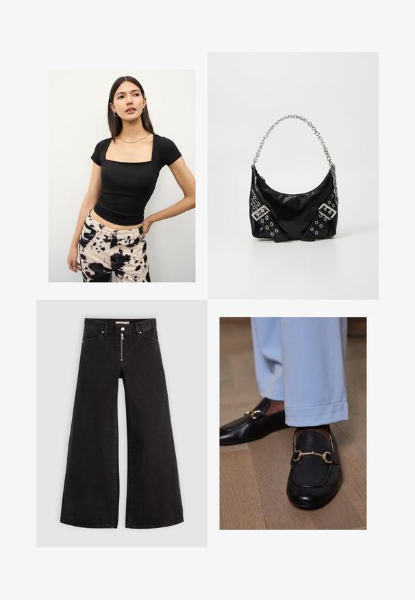 Czarna dopasowana bluzka z krótkim rękawem i kwadratowym dekoltem, zestawiona z wysokim stanem dżinsów w czarno-kremowy wzór tie-dye.; Jeans o szerokich nogawkach w czarnym denienie z zamkiem błyskawicznym z przodu, pięcioma kieszeniami i subtelnymi detalami przeszycia. Gładka tekstura i swobodny styl.; Czarne skórzane loafersy z ozdobnym złotym fragmentem w kształcie wędzidła, połączone z jasnoniebieskimi spodniami, na drewnianej powierzchni podłogi.; Czarna torebka z lakierowanej skóry z błyszczącą srebrną rączką w postaci łańcucha, z ozdobnymi paskami i metalowymi oczkami. Elegancki, zakrzywiony kształt.; Złote kolczyki w kształcie kół o gładkim, skręconym wzorze. Charakteryzujące się wydłużonymi, swobodnie opadającymi kształtami oraz polerowanym wykończeniem. Minimalistyczny styl.