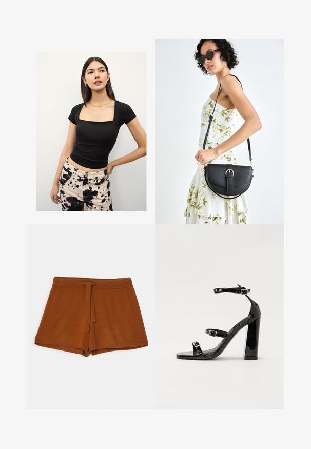 Fekete, testhez simuló felső rövid ujjakkal és négyzet alakú kivágással, magas derekú farmerrel, fekete és krém batikolt mintával.; Barna kötött rövidnadrág, megkötős derékkal, puha tapintással és egyszerű dizájnnal. Az alja tartós varrással van befejezve.; Fekete lakk magas sarkú szandál négyzet alakú orral, bokapántokkal és ezüst csatokat tartalmaz. Masszív blokk sarka a stabilitásért felel.; Fekete bőrtáska ívelt formával, levehető pánttal és arany színű fémrészekkel. A táskán egy csattal díszített fedél található.