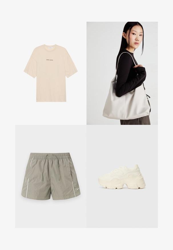 Bežinis medvilninis marškinėlis su laisvu kirpimu, trumpomis rankovėmis ir apvaliu kaklu. Priekyje spausdintas užrašas "Teigiamas nuoširdumas" juoda spalva.; Žali nyloniniai šortai su elastinga juosta, virvelėmis, šoninėmis kišenėmis ir baltais akcentais siūlėse. Lengvas, raukšlių neturintis audinys.; Masyvios baltos sportbačiai, pagaminti iš tekstūruoto tinklelio ir sintetinių medžiagų, pasižymintys storu padu ir išsamiu raštų detalizavimu šonuose.; Bežinė rankinė, pagaminta iš minkštos medžiagos, turinti laisvą dizainą, siuvinėtas detalės ir dvi petnešos. Tinkama kasdieniam naudojimui.