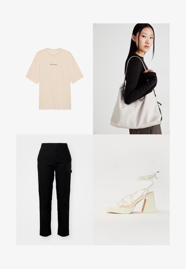 Beige Baumwoll-T-Shirt mit lockerer Passform, ausgestattet mit kurzen Ärmeln und einem Rundhalsausschnitt. Auf der Vorderseite ist "Positive Sincere" in Schwarz aufgedruckt.; Carhartt WIP PIERCE PANT - Stoffhose - black; Weiße High-Heel-Sandale mit einem klobigen Absatz, die über ein Riemchendesign und ein Knöchelband verfügt. Glatte Textur mit einer Plattform vorne für zusätzliche Höhe.; Beige Handtasche aus weichem Material, mit einem lässigen Design, gesteppten Details und zwei Schulterriemen. Geeignet für den täglichen Gebrauch.