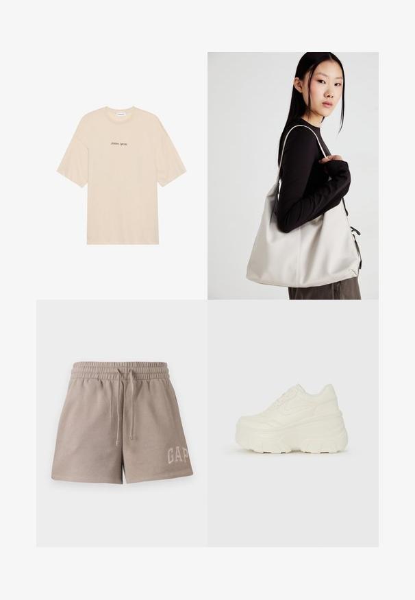 Béžové bavlnené tričko s voľným strihom, krátkymi rukávmi a zaobleným výstrihom. Na prednej strane je v čiernej farbe vytlačený nápis "Positive Sincere".; Béžové šortky vyrobené z mäkkého materiálu, s elastickým pásom na šnúrku a vyšívaným logom "GAP" na dolnej časti prednej strany.; Biele platformové tenisky s hladkým koženkovým svrchným materiálom, zaobleným tvarom, polstrovaným golierom a textúrovanou gumovou podrážkou s výrazným vzorom.; Béžová kabelka vyrobená z mäkkého materiálu, s uvoľneným dizajnom, prišitými detailmi a dvoma popruhmi na nosenie na pleciach. Vhodná na každodenné nosenie.