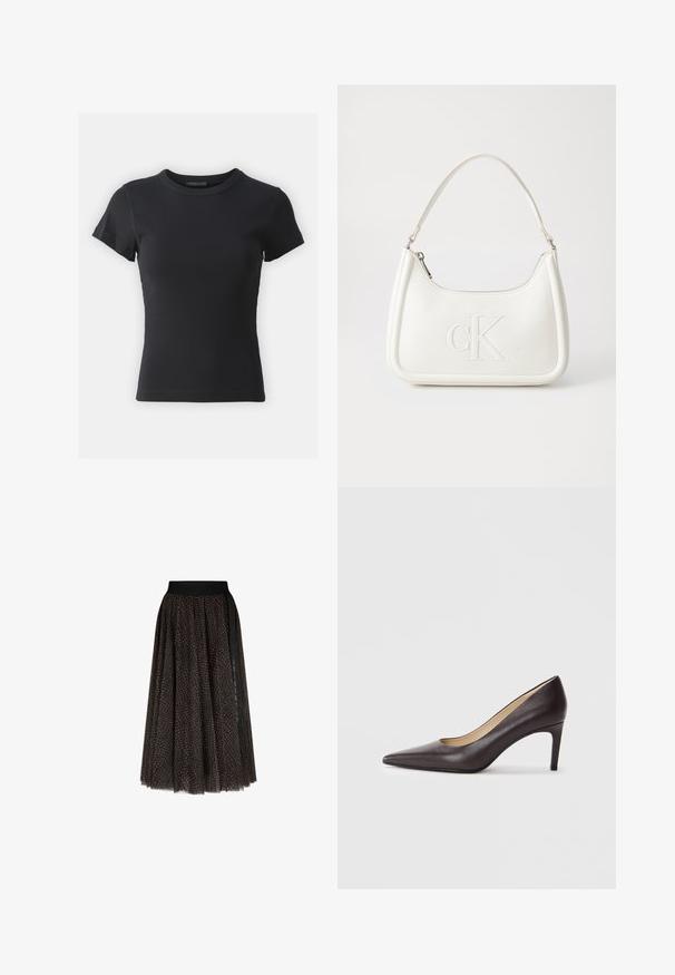 Zwarte geribbelde t-shirt met een ronde hals en korte mouwen, met een aansluitende pasvorm en een gladde textuur. Eenvoudig ontwerp, zonder patronen.; Bruine en zwarte gemusterde midi-rok met een zwarte elastische tailleband en verticale zwarte streepdetails aan één zijde.; Zwarte leren high heel pump met een spitse neus, een soepele textuur en een slanke stiletto hak. Binnenin is er een beige voering.; Witte lederen handtas met een gebogen vorm, voorzien van een reliëf "CK" logo aan de voorkant en een enkele schouderriem. Ritsluiting aan de bovenkant.