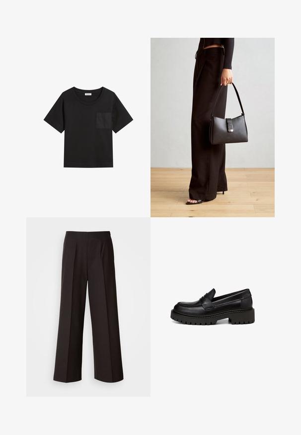 Schwarzes Baumwoll-T-Shirt mit rundem Ausschnitt und kurzen Ärmeln. Mit einer aufgesetzten Tasche auf der linken Brust und einer lockeren Passform.; Schwarze weite Hosen mit flachem Vorderteil, Falten und einer glatten Stoffstruktur. Sie haben eine hohe Taille und einen taillierten Schnitt für eine strukturierte Passform.; Marc O'Polo LOAFER MIT ROBUSTER PROFIL - Slipper - black; Schwarze Handtasche mit strukturierter Form, glatter Textur und einem metallischen Verschluss. Kombiniert mit weiten schwarzen Hosen und offenen Sandalen auf einem Holzboden.