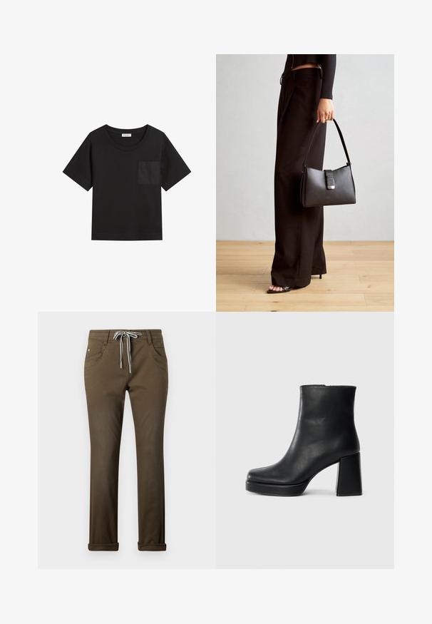 Black cotton t-shirt with a round neckline and short sleeves. Features a patch pocket on the left chest and a relaxed fit.; Brown casual pants made of smooth material, featuring a drawstring waist with white accents, five pockets, and rolled cuffs.; Black leather ankle boot with a block heel and platform sole, viewed from the side on a plain white background.; Black handbag with structured shape, smooth texture, and a metallic clasp. Paired with wide black pants and open-toe sandals on wooden floor.