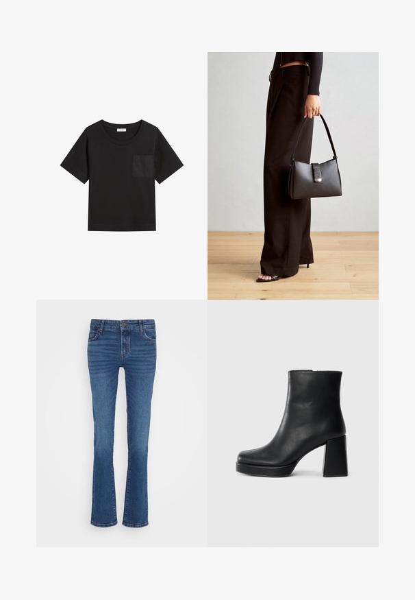 Tricou negru din bumbac, cu guler rotund și mâneci scurte. Include o buzunar aplicat pe partea stângă a pieptului și are o croială lejeră.; Jeanși din denim albastru cu un design drept, având estompare ușoară, dispunere în cinci buzunare și închidere cu un buton metalic la talie.; Botină din piele neagră, cu toc pătrat și talpă platformă, văzută din lateral pe un fundal alb simplu.; Genți negre cu o formă structurată, textură netedă și un închizător metalic. Asortată cu pantaloni negri largi și sandale cu vârf deschis pe un podea din lemn.