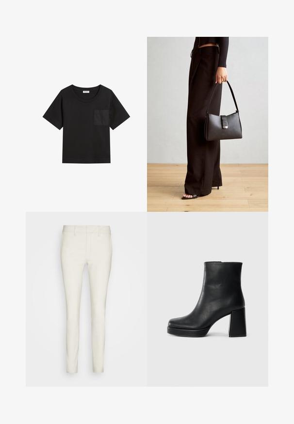 Crna pamučna majica s okruglim izrezom i kratkim rukavima. Sadrži zakrpa na lijevoj strani prsnog koša i ima opušteni kroj.; Svijetlosmeđi, uski hlače od mekog materijala s ravnim prednjim dijelom, standardnim džepovima i petljama za remen. Općenito uredan i suženi dizajn.; Crna kožna čizma do gležnja s blok petom i platformom, prikazana s bočne strane na jednostavnoj bijeloj pozadini.; Crna torba s oblikom koji sadrži strukturu, glađu teksturu i metalnu kopču. Uparena s širokim crnim hlačama i sandalama na otvorenom s drvenog poda.