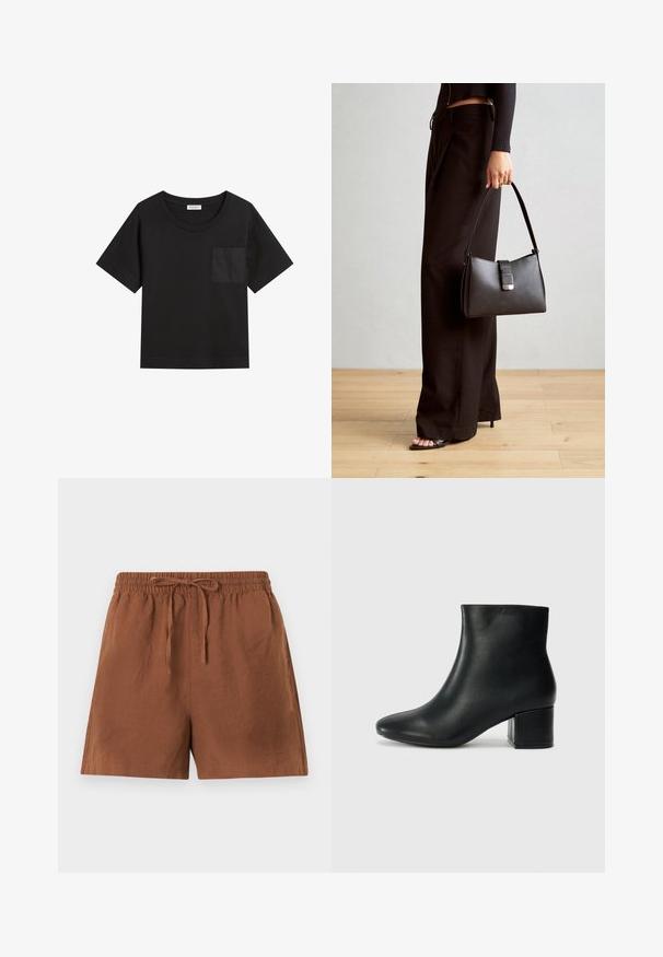 T-shirt nera in cotone con scollo rotondo e maniche corte. Caratterizzata da una tasca a toppa sul lato sinistro del petto e una vestibilità comoda.; Shorts marroni leggeri con vita elastica e laccetto. Presentano una vestibilità ampia e una superficie liscia, adatti per un abbigliamento informale.; Stivali neri in pelle fino alla caviglia con punta appuntita e tacco spesso. Texture liscia con minimi dettagli e un design elegante e aderente.; Borsa nera con forma strutturata, texture liscia e una chiusura metallica. Abbinata a pantaloni neri larghi e sandali open-toe su un pavimento in legno.