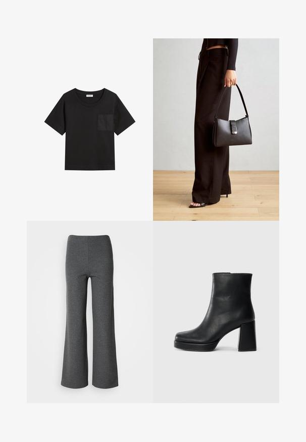 Fekete pamut póló kerek nyakkal és rövid ujjal. Bal mellkason egy függőleges zsebbe varrt zseb található, és laza szabással rendelkezik.; Szürke, laza lábú nadrág, puha anyagból készült, sima textúrával és magas derékkal, látható záródás nélkül.; Fekete bőr bokacsizma tömbsarkal és platform talppal, oldalról nézve, sima fehér háttéren.; Fekete kézi táska strukturált formával, sima textúrával és fémből készült záródással. Széles fekete nadrággal és nyitott orrú szandállal párosítva, fából készült padlón.