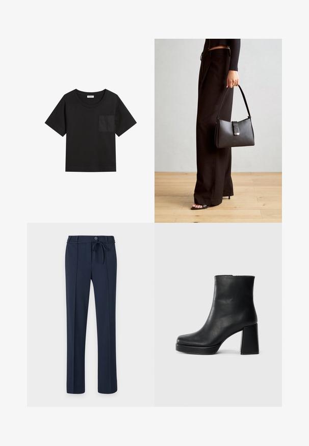 Svart bomullströja med rundad halsringning och korta ärmar. Har en ficka på vänster bröst och en avslappnad passform.; Mörkblå byxor i slät kvalitet, med dragsko i midjan, veck framtill och rak benstil. Inga fickor eller särskilda mönster.; Svart läderankelboot med blockklack och platåsula, sedd från sidan på en enkel vit bakgrund.; Svart handväska med strukturerad form, slät yta och metallspänne. Matchad med vida svarta byxor och sandaler med öppen tå på trägolv.