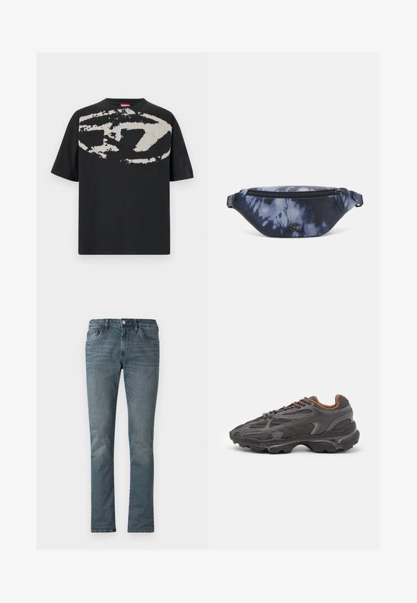 Črna majica s kratkimi rokavi, ki na sprednji strani prikazuje velik abstrakten svetlo sivi grafični motiv. Ima klasičen okrogli izrez in je izdelana iz bombaža.; Moške modre jeans hlače s ožjim krojem, ki vključujejo pet žepov, zapiranje na gumb in subtilno izbledo teksturo.; Lacoste teniske v temno sivi barvi z mrežasto in sintetično prevleko, s teksturiranim podplatom in rjavimi detajli na ovratniku ter blagovni znamki.; Fanny pack v temno modrem tie-dye potisku z zipom na vrhu, teksturirane materiala in izraženo logotipno podrobnostjo spredaj.
