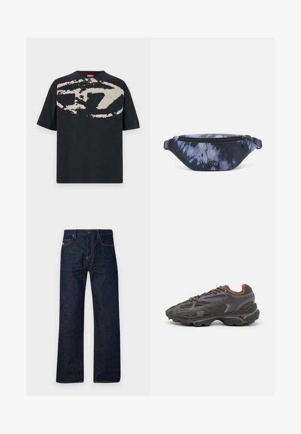 Črna majica s kratkimi rokavi, ki na sprednji strani prikazuje velik abstrakten svetlo sivi grafični motiv. Ima klasičen okrogli izrez in je izdelana iz bombaža.; Temno modri denim hlače s ravnimi nogami, kontrastnim rumenim šivom, klasičnim pet-pocket dizajnom in gumbom za zapiranje v pasu.; Lacoste teniske v temno sivi barvi z mrežasto in sintetično prevleko, s teksturiranim podplatom in rjavimi detajli na ovratniku ter blagovni znamki.; Fanny pack v temno modrem tie-dye potisku z zipom na vrhu, teksturirane materiala in izraženo logotipno podrobnostjo spredaj.
