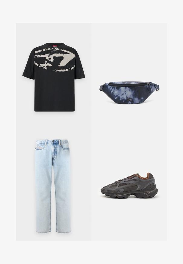 Black t-shirt featuring a large, abstract light gray graphic on the front. Short sleeves and a classic rounded neckline. Cotton material.; Light blue denim jeans with a straight-leg design, five-pocket style, and subtle fading. Features a button closure and loop for a belt.; Lacoste sneakers in dark gray with mesh and synthetic material, featuring a textured sole and brown accents on the collar and branding.; Fanny pack in dark blue tie-dye print with a zippered top, textured material, and a prominent logo detail on the front.