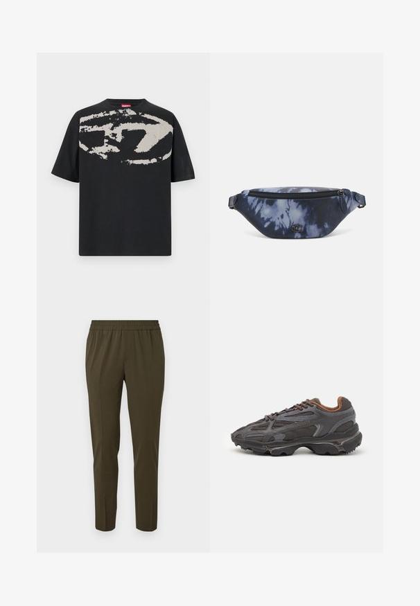 Černé tričko s velkým, abstraktním grafickým vzorem světle šedé barvy na přední straně. Krátké rukávy a klasický kulatý výstřih. Bavlněný materiál.; Samsøe Samsøe SMITHY - Kalhoty - forest night; Sněrovací boty Lacoste v tmavě šedé barvě s síťovinou a syntetickým materiálem, prezentující texturovanou podrážku a hnědé detaily na límci a logu.; Bum bag v tmavě modrém tie-dye potisku s zipem na vrchu, texturovaným materiálem a výrazným logem na přední straně.