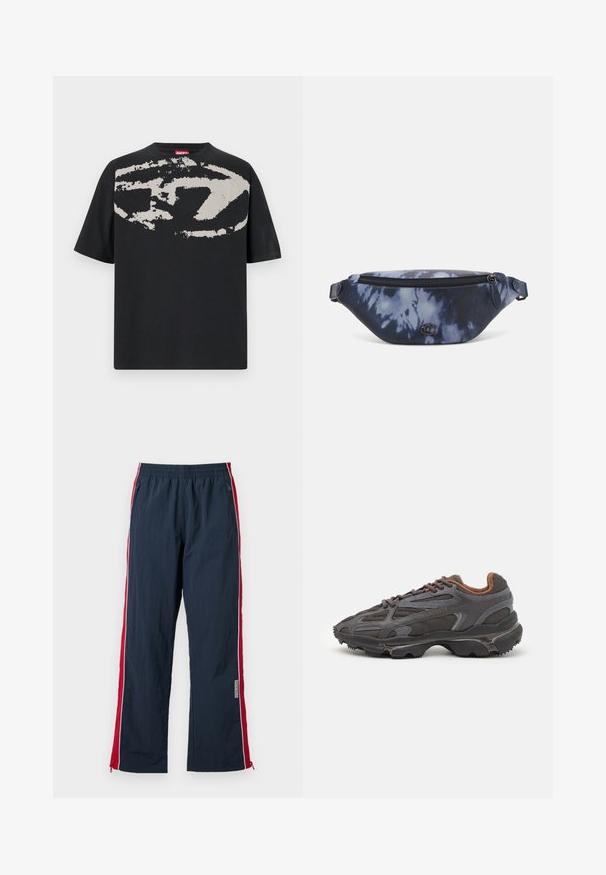 Sort t-shirt med et stort, abstrakt lys grå grafik foran. Korte ærmer og en klassisk rund halsudskæring. Materialet er bomuld.; Marineblå træningsbukser med elastisk talje og røde side-striber. Har hvid piping og lynlåse ved anklerne til justering. Letvægtsmateriale.; Lacoste sneakers i mørkegrå med mesh og syntetisk materiale, udstyret med en tekstureret sål og brune accenter på kraven og brandingen.; Fanny pack i mørkeblå tie-dye tryk med lynlåslåg, tekstureret materiale og en fremtrædende logo detalje på forsiden.