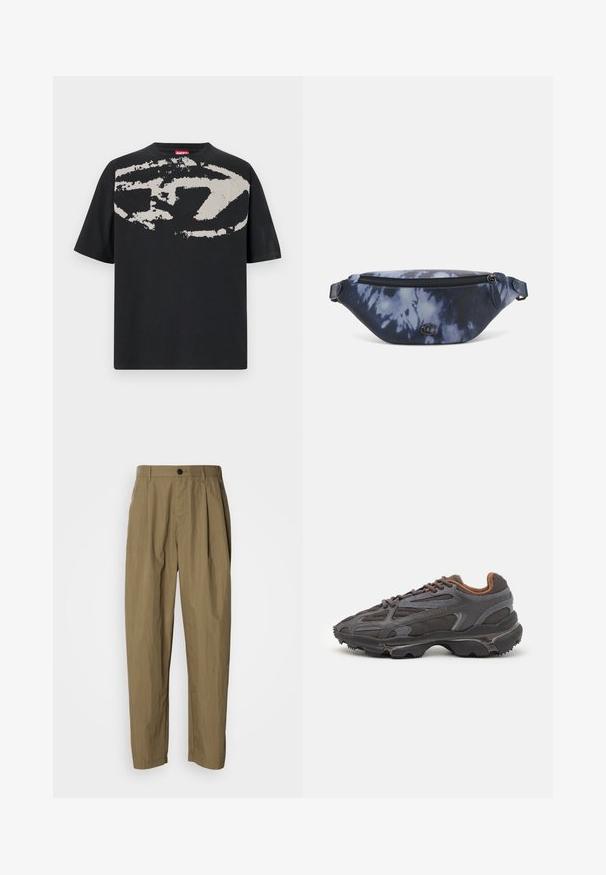 Juodas marškinėlis su dideliu, abstrakčiu šviesiai pilku piešiniu priekyje. Trumpa rankovė ir klasikinis apvalus iškirpimas. Pagamintas iš medvilnės.; Kaki spalvos tiesaus kirpimo kelnes su raukšlėmis, diržo kilpos ir viena juoda mygtuką juosmenyje, pateikiamos ant balto fono.; Lacoste sportbačiai tamsiai pilki, pagaminti iš tinklinės ir sintetinių medžiagų, su tekstūruotu padu ir rudomis detalėmis ant apykaklės bei prekės ženklo.; Tamsiai mėlyna fanny pakelė su tamsių dažų raštu, užtrauktuku viršuje, tekstūruota medžiaga ir akcentuota logotipo detalė priekyje.