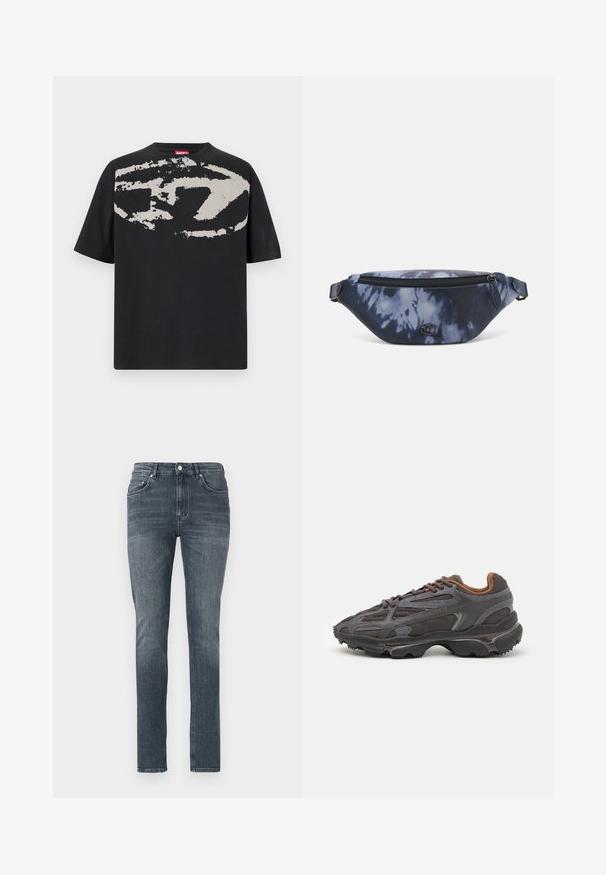 Fekete póló, elöl egy nagy, absztrakt világosszürke grafikával. Rövid ujjú és klasszikus kerek nyakkivágással rendelkezik. Pamut anyagból készült.; Feszes szabású sötétkék farmernadrág, elhalványult felülettel, elülső zsebekkel és hagyományos gombos záródással. Sima textúra és egyenes szár.; Sötét szürke Lacoste sportcipők hálós és szintetikus anyagból, textúrázott talppal és barna díszítésekkel a nyak részen és a logón.; Sötétkék, batikolt mintás övtáska cipzáros tetejével, textúrált anyagból, és a fronton kiemelkedő logó részlettel.