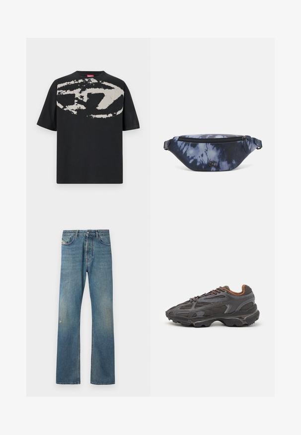 Svart t-skjorte med en stor, abstrakt lysegrå grafikk på forsiden. Korte ermer og en klassisk rund halslinning. Laget av bomull.; Blå denimjeans med rett ben-design, som har en liten falming, frontlommer og knappelukking i midjen.; Lacoste-sneakers i mørkegrått med mesh- og syntetisk materiale, med en teksturert såle og brune detaljer på kragen og merket.; Mindre sekk i mørkeblå tie-dye mønster med glidelås på toppen, teksturert materiale og en fremtredende logo detalj på fronten.