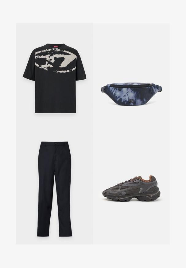 Černé tričko s velkým, abstraktním grafickým vzorem světle šedé barvy na přední straně. Krátké rukávy a klasický kulatý výstřih. Bavlněný materiál.; Námořnické modré kalhoty vyrobené z hladké tkaniny, s rovnými nohavicemi, jedním knoflíkem na zapínání a jemnými předními záhyby.; Sněrovací boty Lacoste v tmavě šedé barvě s síťovinou a syntetickým materiálem, prezentující texturovanou podrážku a hnědé detaily na límci a logu.; Bum bag v tmavě modrém tie-dye potisku s zipem na vrchu, texturovaným materiálem a výrazným logem na přední straně.